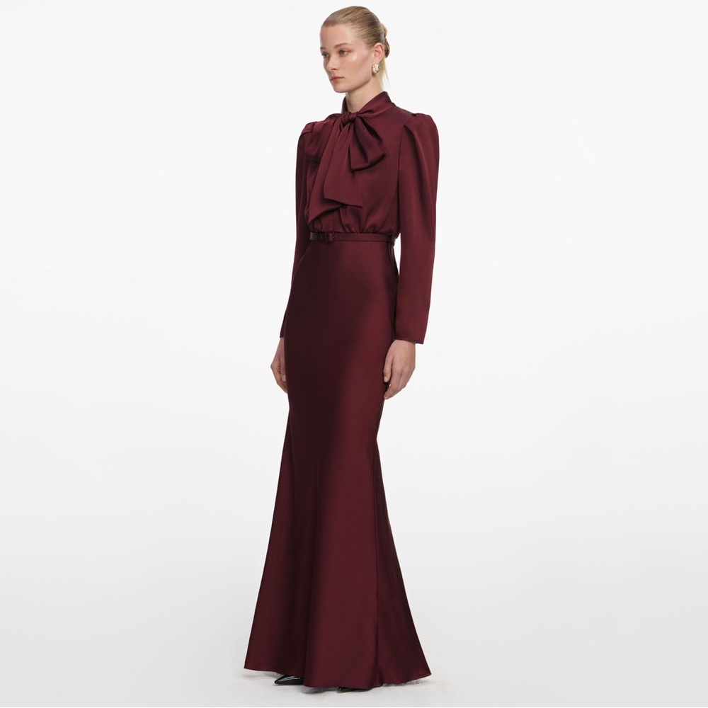 Self-Portrait NWOT BURGUNDY TIE NECK SATIN MAXI DRESS - Picture 3 of 6